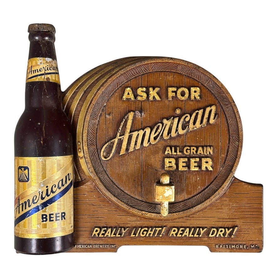 VTG 1950s American All Grain Beer 3D Bottle Barrel Composition Sign Baltimore MD