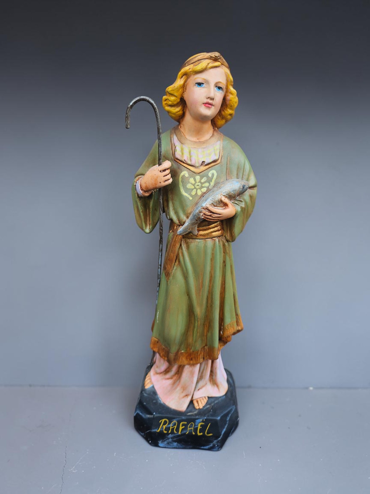 Vintage Saint Archangel Raphael with fish statue figurine religious art Vintage Saint Archangel Raphael with fish statue figurine religious art