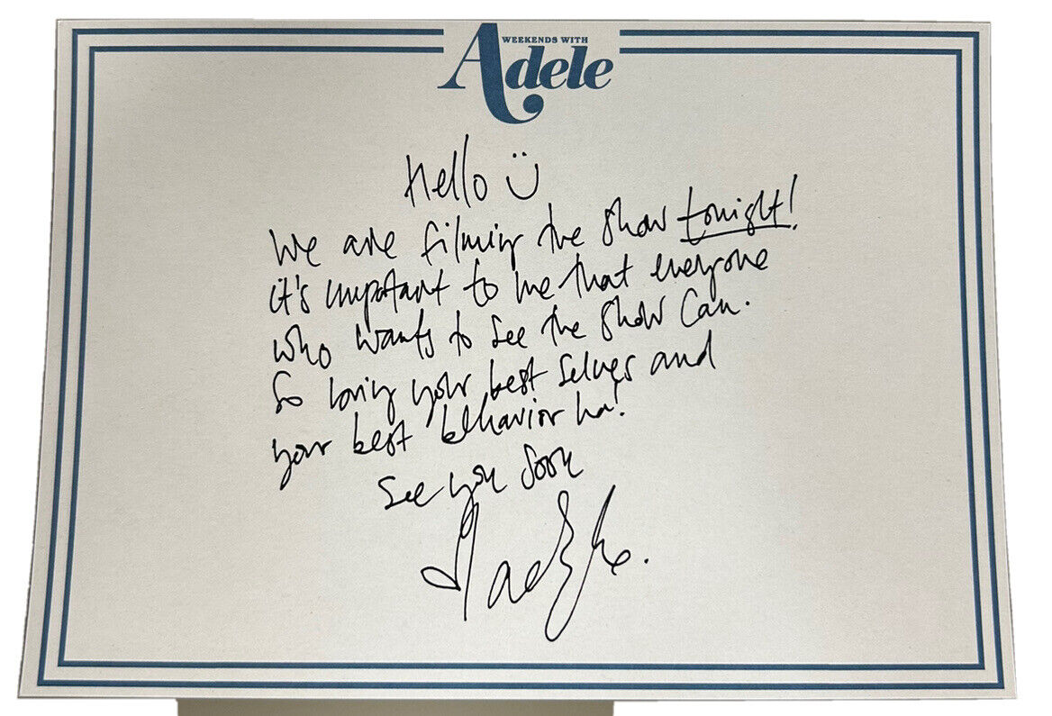 Adele Handwritten & Signed Note about Filming On 6/30 At Ceasers.