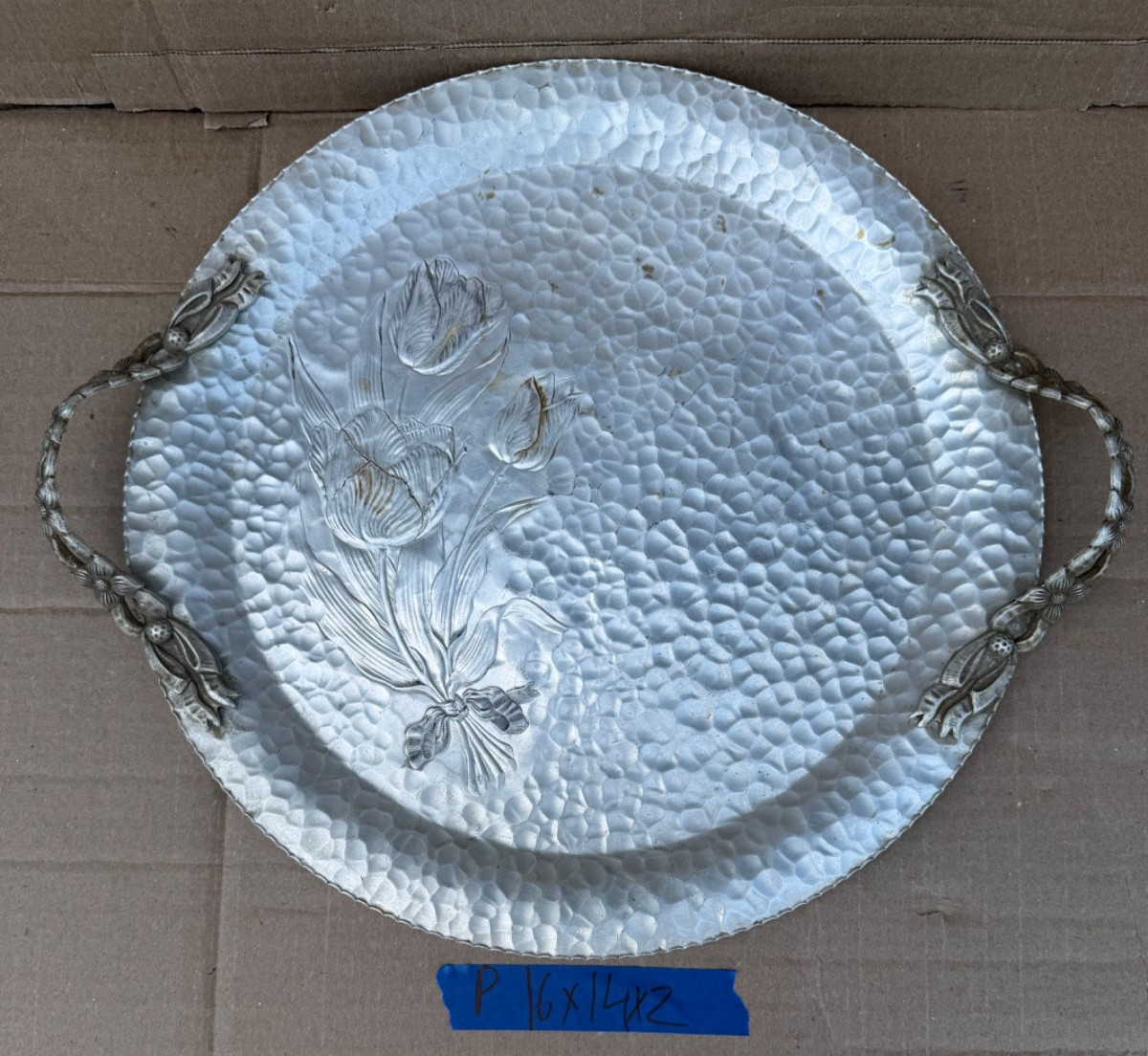 Vintage Rodney Kent Hand Wrought Aluminum Tulip Tray With Handles Vintage Rodney Kent Hand Wrought Aluminum Tulip Tray With Handles