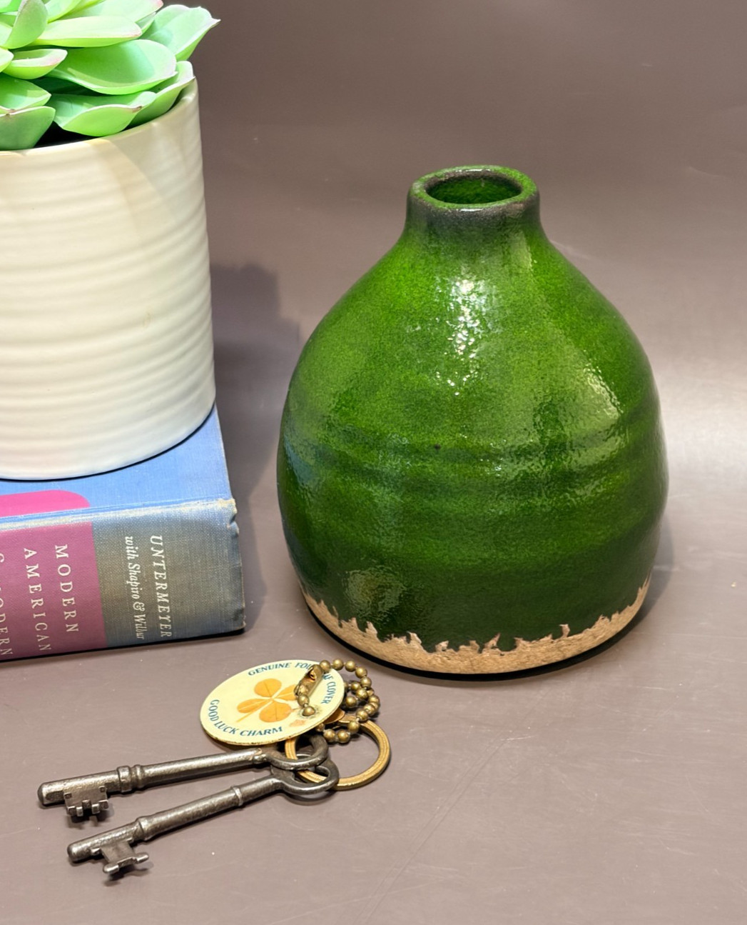Handcrafted Ovoid Green Glazed Redware Terracotta Studio Pottery Vase Decor