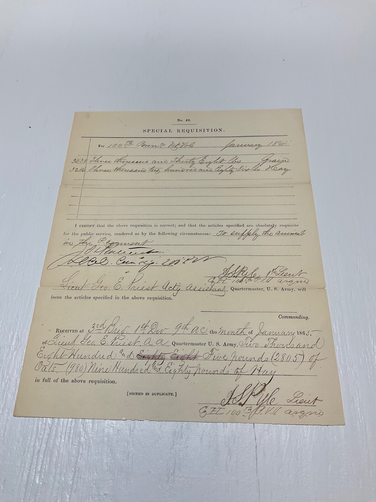 CIVIL WAR 100th PENN VOL INF. SUPPLY LIST SGN COL JOSEPH PENTECOST KIA 1885 CIVIL WAR 100th PENN VOL INF. SUPPLY LIST SGN COL JOSEPH PENTECOST KIA 1885