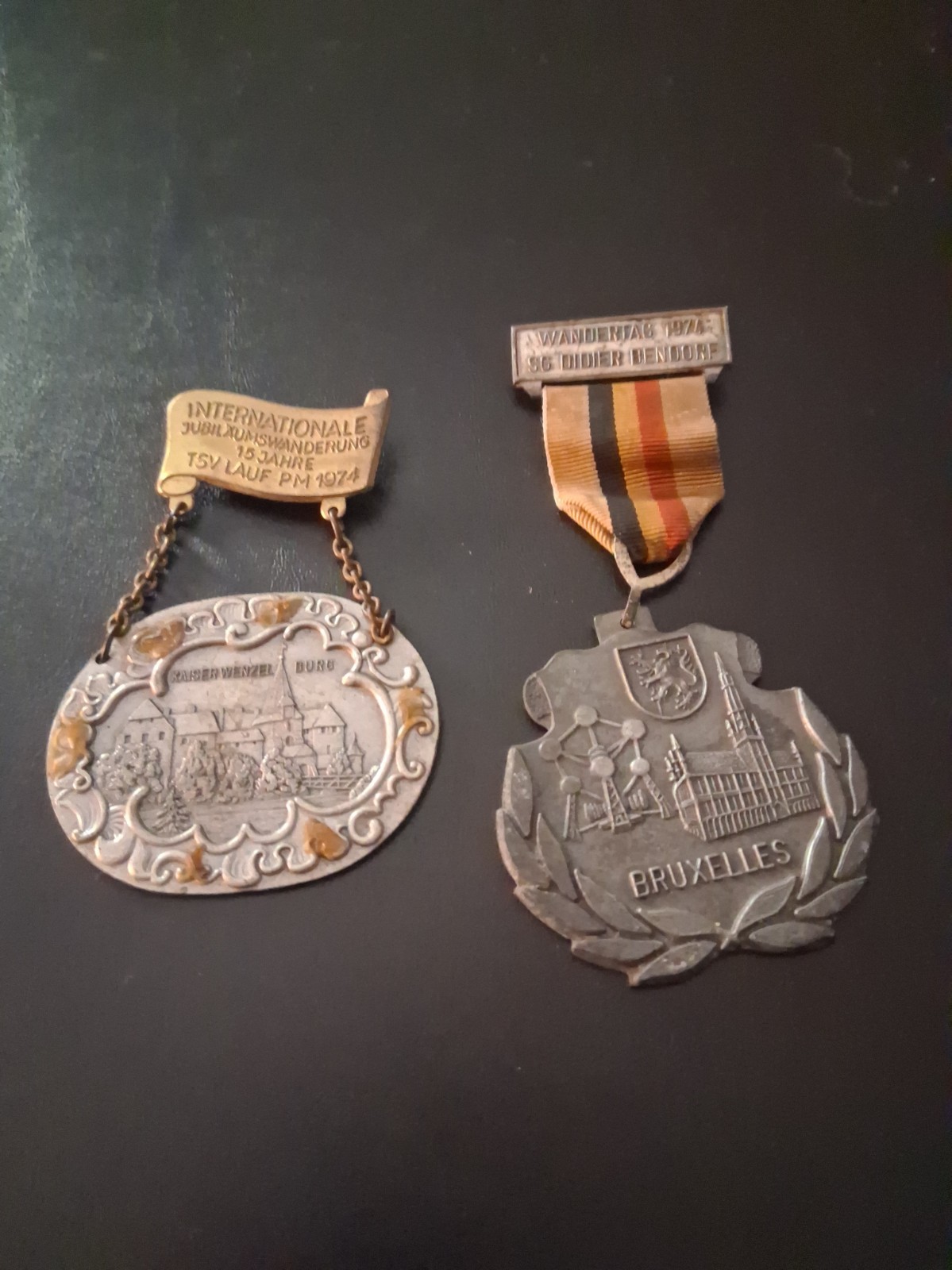 Lot of 2 Vintage 1974 German Volksmarsch Medals TSV Lauf & Bruxelles Ribbon