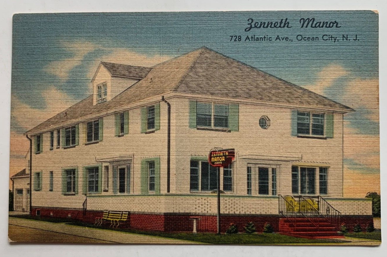 ca 1950s NJ Postcard Ocean City Zenneth Manor 728 Atlantic Ave hotel motel sign