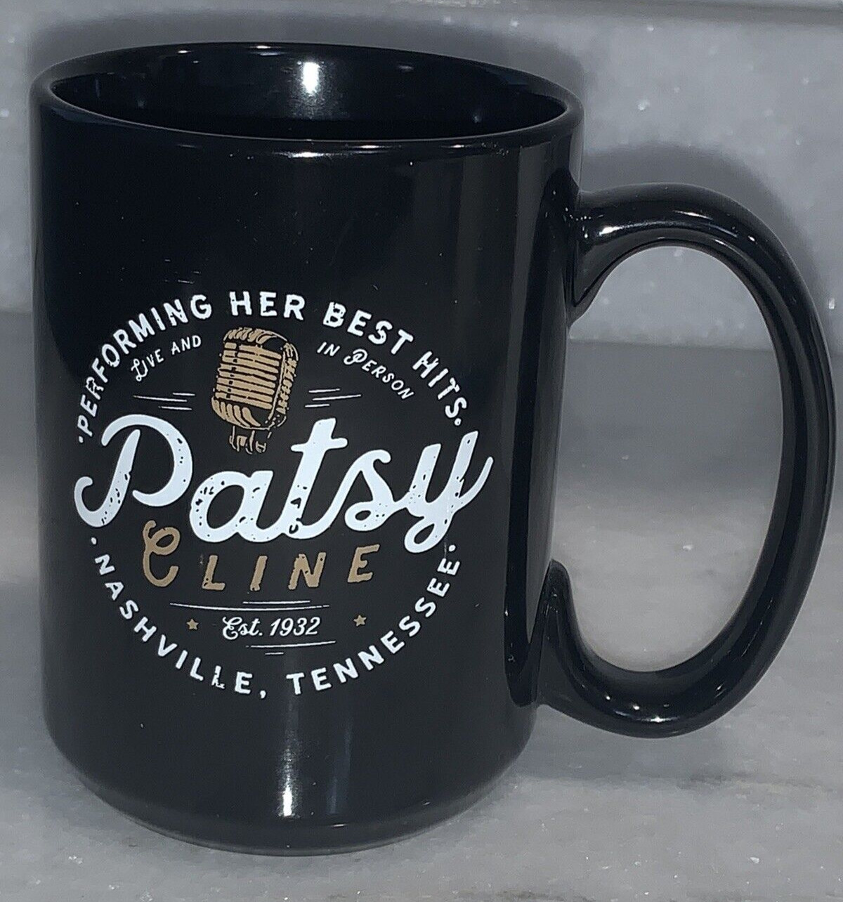 PATSY CLINE COFFEE MUG CUP TEA 2 SIDED BLACK NASHVILLE TN PERFORMING HER HITS