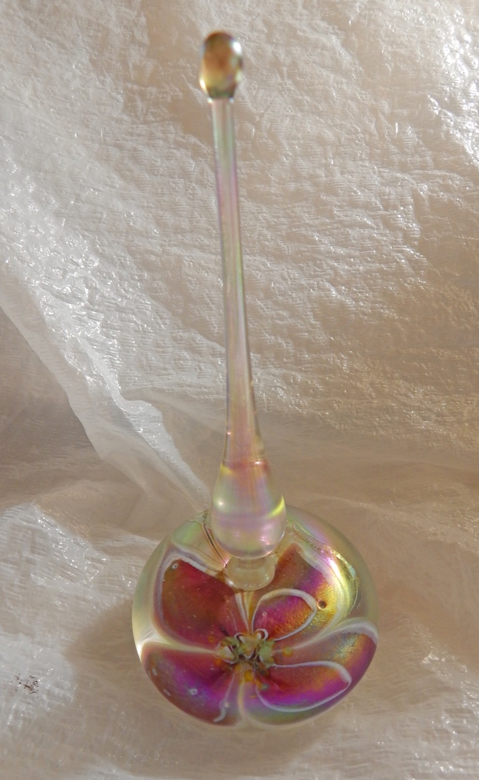 Iridescent Vintage American Hand Blown art glass Signed perfume bottle w stopper Iridescent Vintage American Hand Blown art glass Signed perfume bottle w stopper