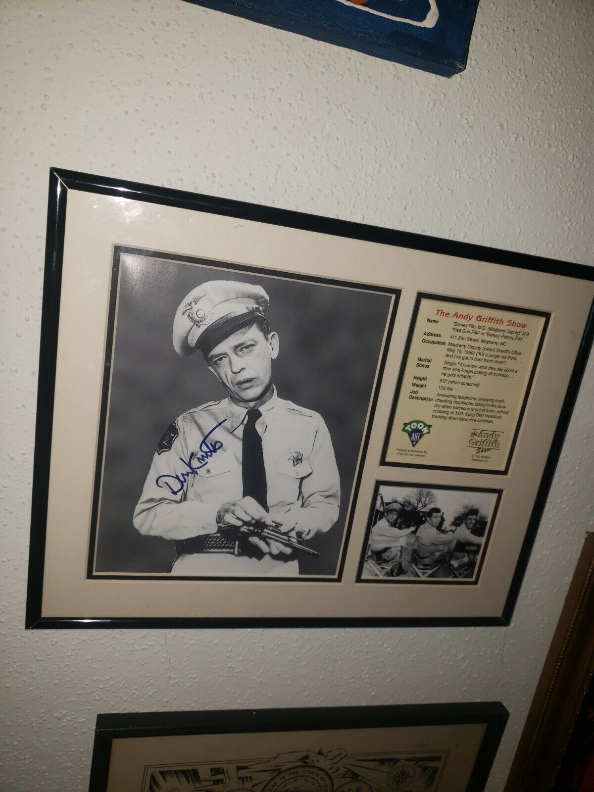VINTAGE ANDY GRIFFITH FRAMED AUTOGRAPHED PHOTO DON KNOTTS AS BARNEY FIFE 