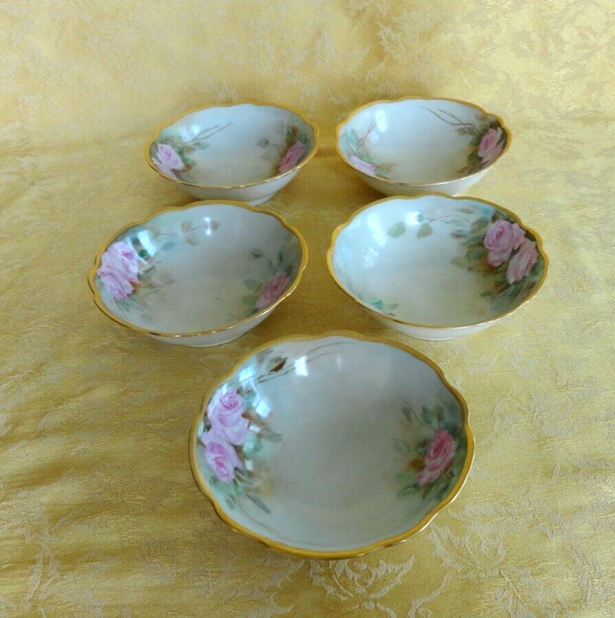 Set of 5 Antique M.Z. Austria Porcelain Hand Painted Dishes Pink Rose Gold Gilt