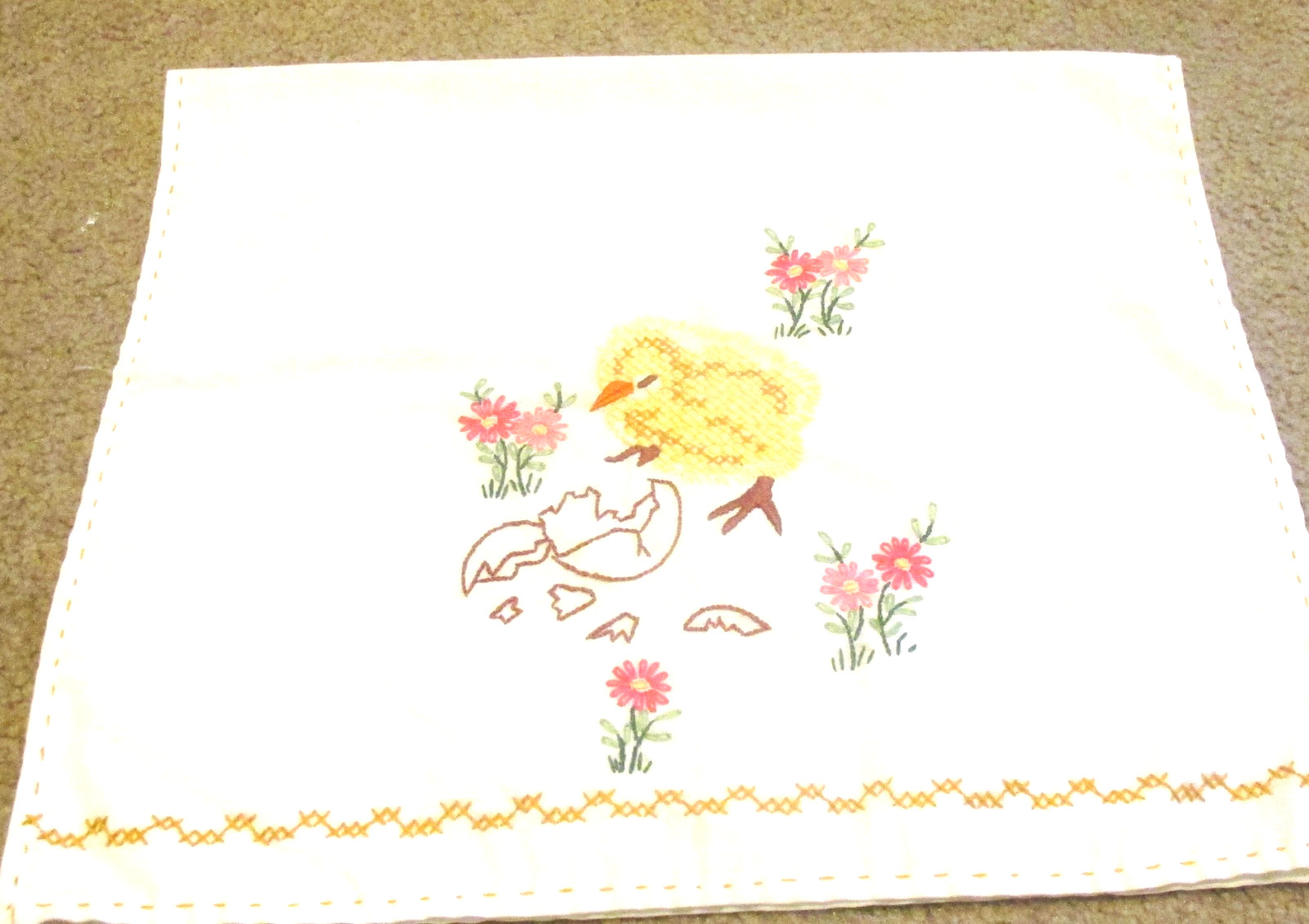 Vtg. Hand Hemmed Embroidered Linen Tea Towel Newly Hatched Chick Flowers