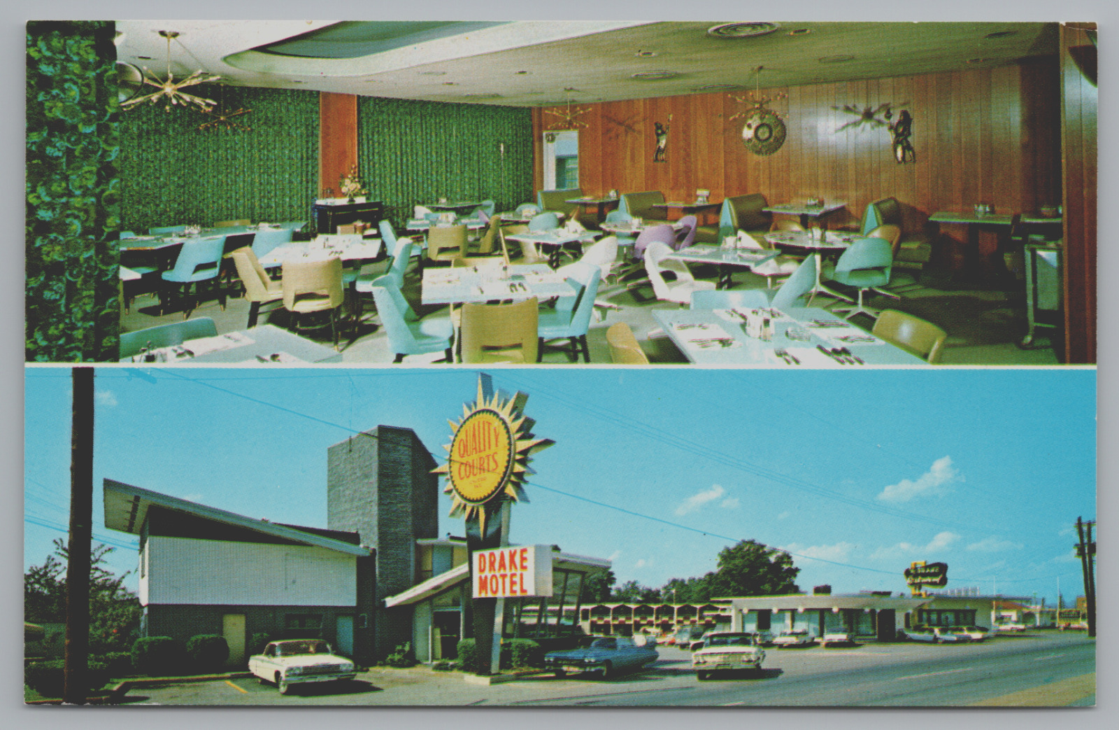 Postcard Quality Inn Drake Restaurant MCM Interior Chattanooga Tennessee Cars