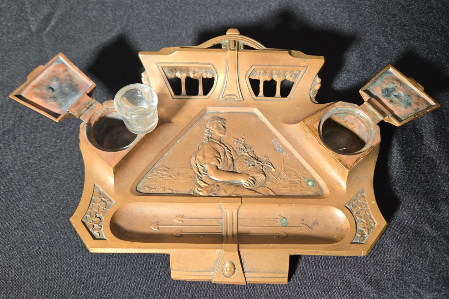 Antique Art Nouveau Jugendstil Gilt Spelter Double Inkwell Desk Stand #1109