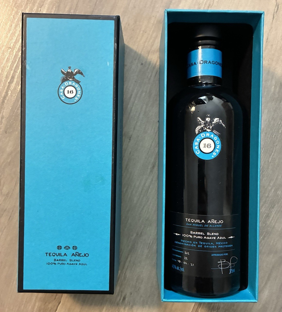 Casa Dragones 16 Anejo Tequila Empty 375 ml Bottle and Box Black & Blue Unwashed Casa Dragones 16 Anejo Tequila Empty 375 ml Bottle and Box Black & Blue Unwashed