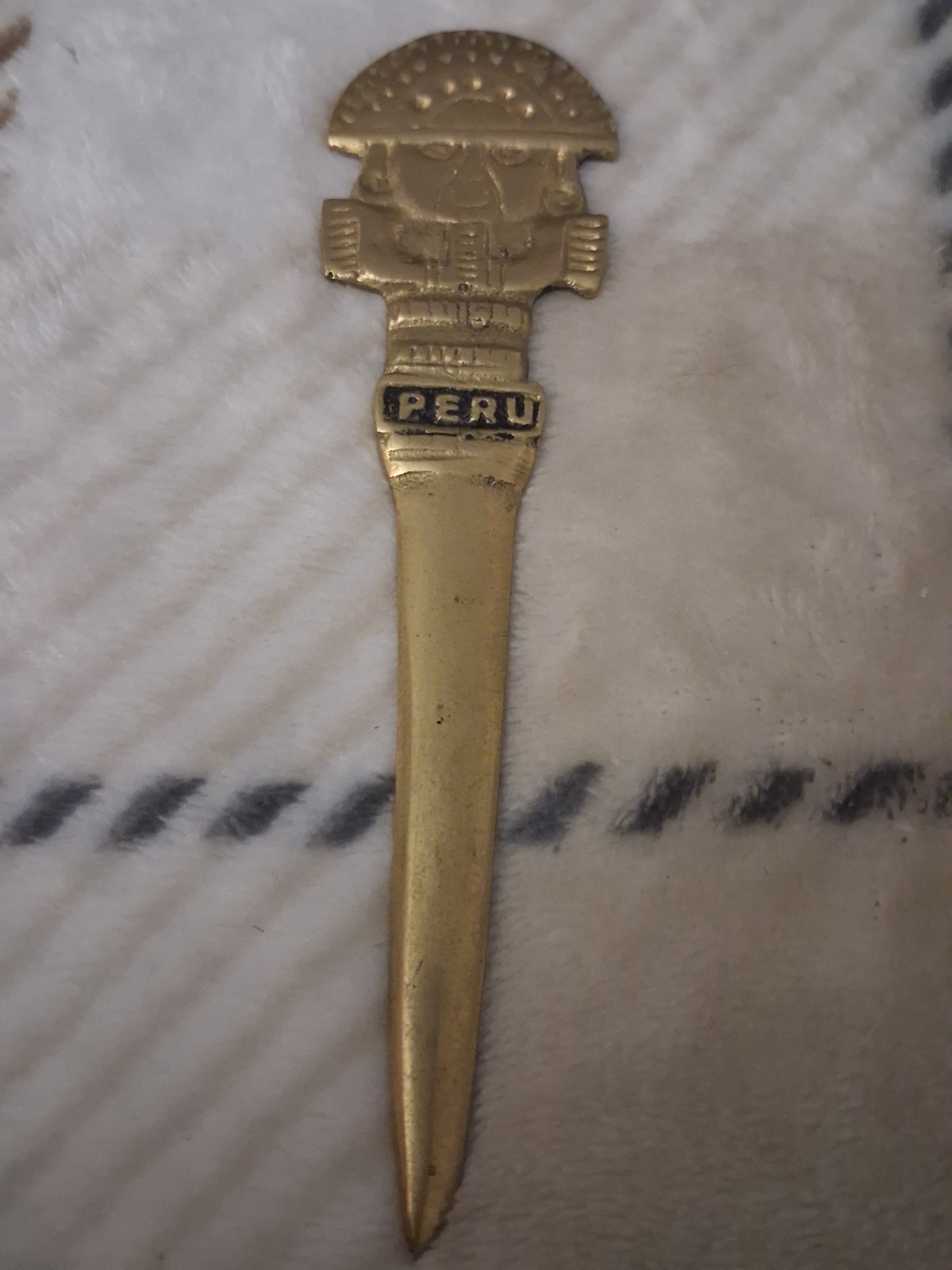 Vintage Solid Brass PERU Souvenir Letter Opener Inca Indian with Head Dress