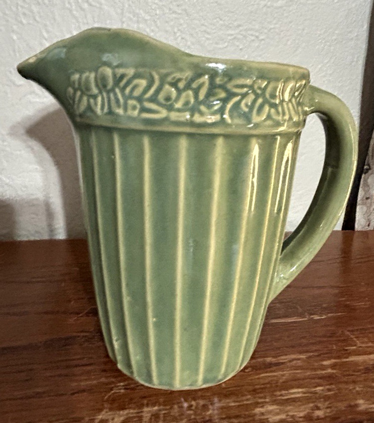 Antique Green Glazed Ribbed Leaf Pattern Heavy Earthenware Pitcher 5-3/4"