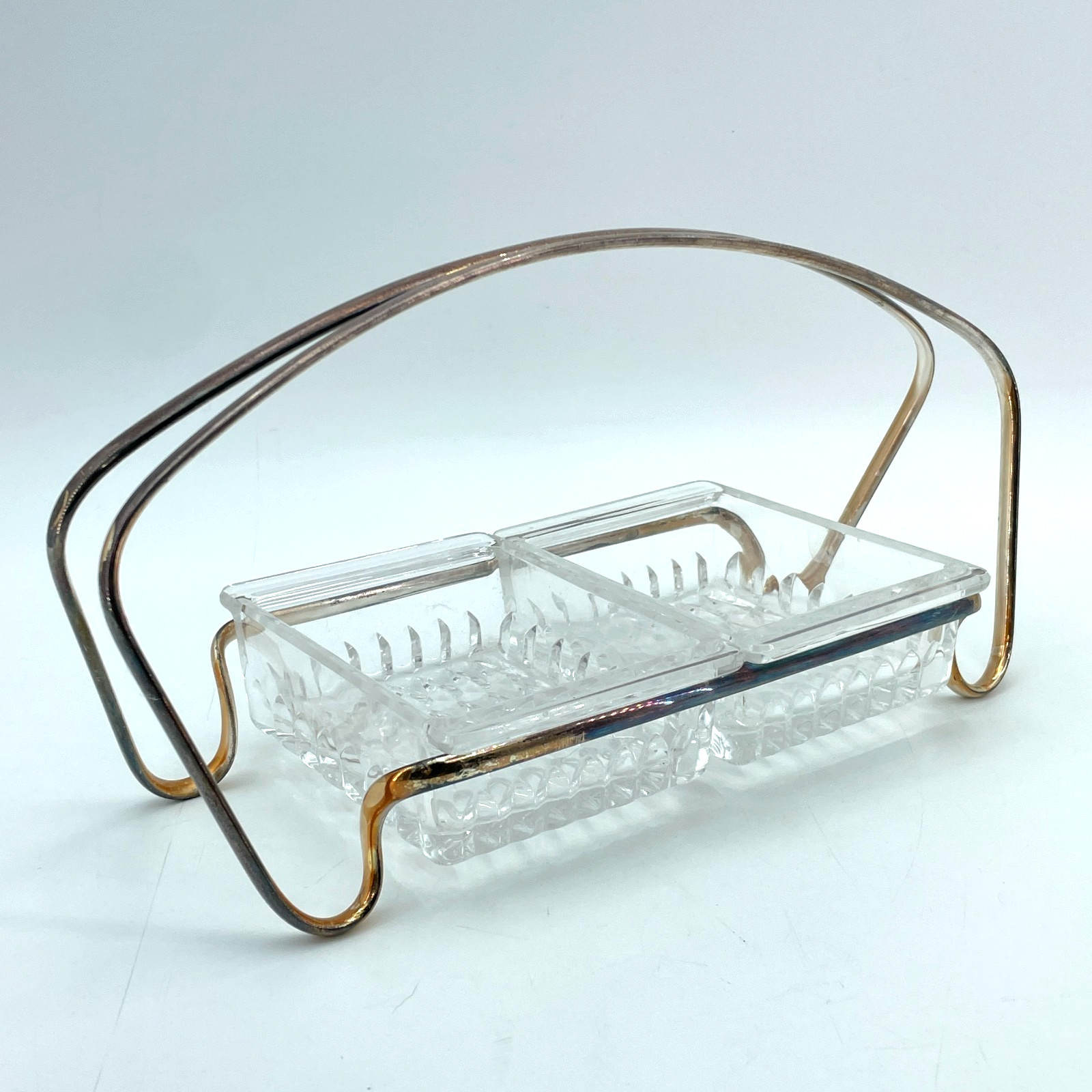 Vintage MCM Glass Relish Dish Dual Compartment Handled Metal Caddy Server 11x5 Vintage MCM Glass Relish Dish Dual Compartment Handled Metal Caddy Server 11x5