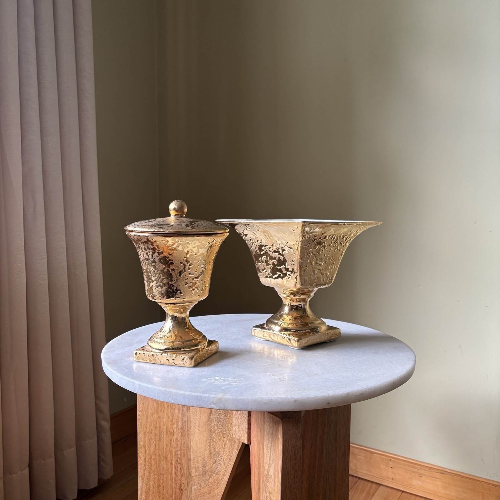 Vintage Weeping Gold Ceramic Textured Pedestal lidded Urn & Vase Stanfordware Vintage Weeping Gold Ceramic Textured Pedestal lidded Urn & Vase Stanfordware
