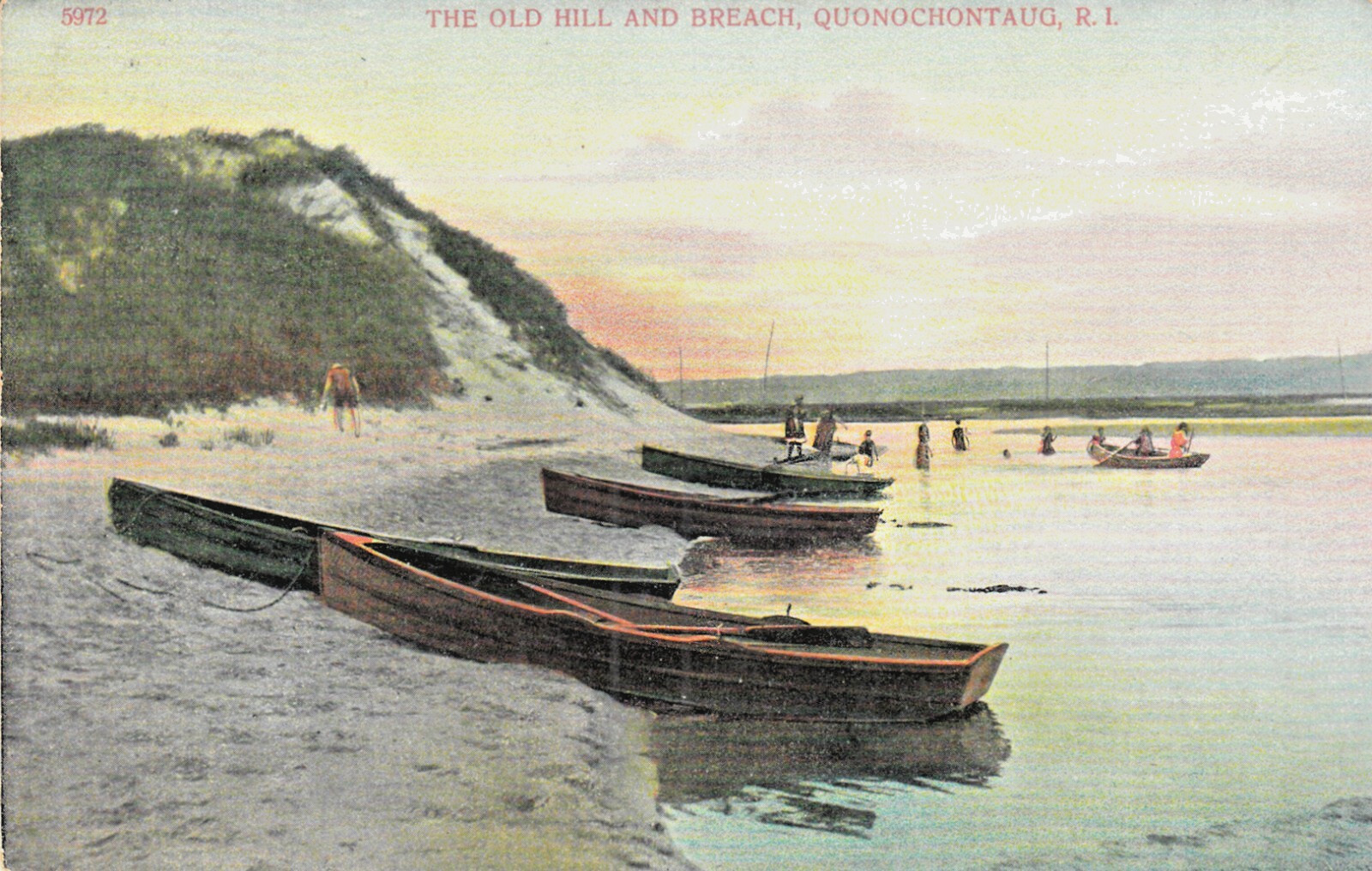 Quonochontaug RI c1912 Old Hill Sand Dune The Breach Row Boats Postcard