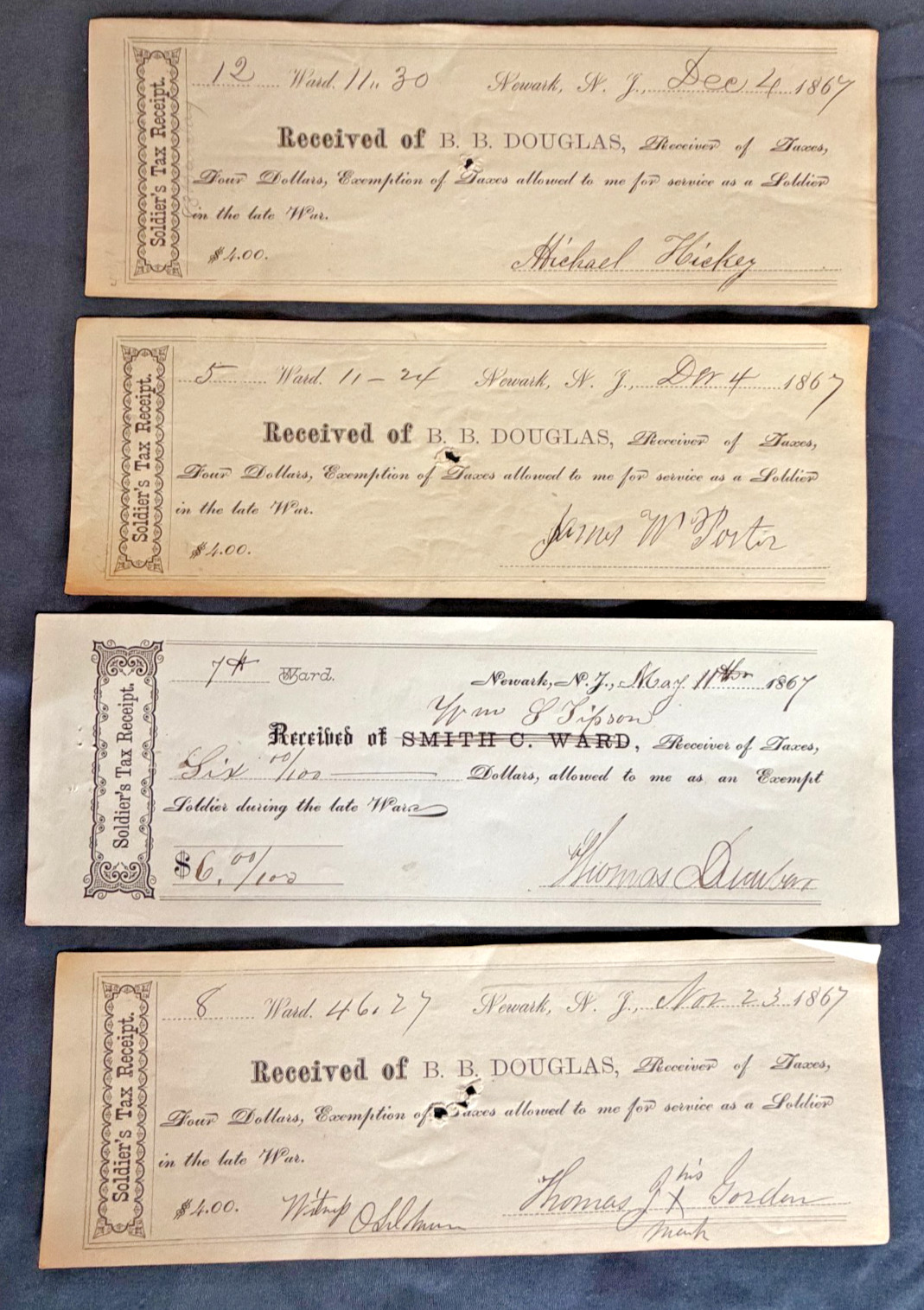 1867 Lot of 4 Soldier's Tax Receipts Newark NJ Civil War Veterans 1867 Lot of 4 Soldier's Tax Receipts Newark NJ Civil War Veterans