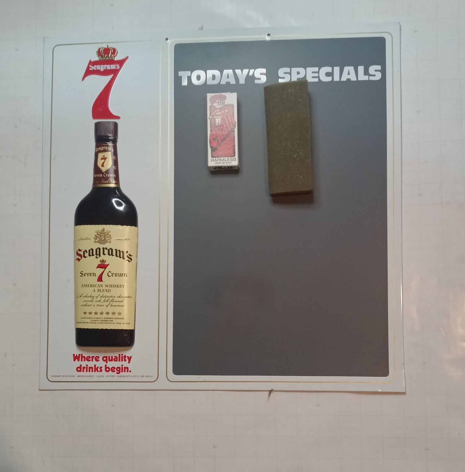 Vintage 1970’s Seagram's 7 Metal Menu Chalk Board "Today's Special" NMT-MT Vintage 1970’s Seagram's 7 Metal Menu Chalk Board "Today's Special" NMT-MT