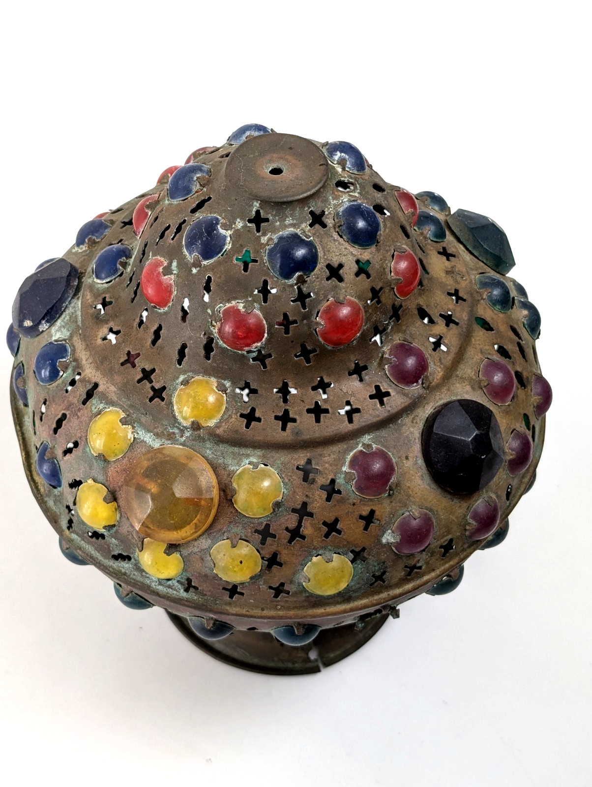 Antique Middle Eastern Jeweled Brass Lantern – Pierced Boho Moorish Table Lamp Antique Middle Eastern Jeweled Brass Lantern – Pierced Boho Moorish Table Lamp