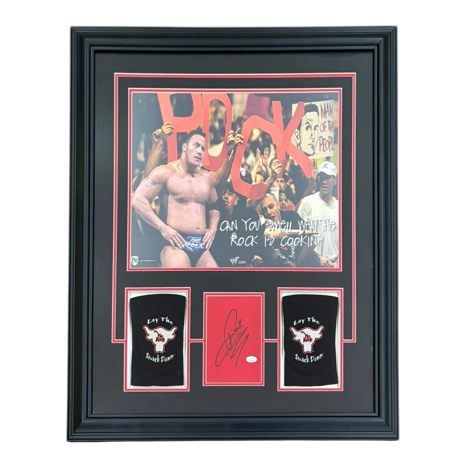 Dwayne Johnson The Rock Autograph Deluxe Framed with Wrestling 16x20 Photo and P Dwayne Johnson The Rock Autograph Deluxe Framed with Wrestling 16x20 Photo and P