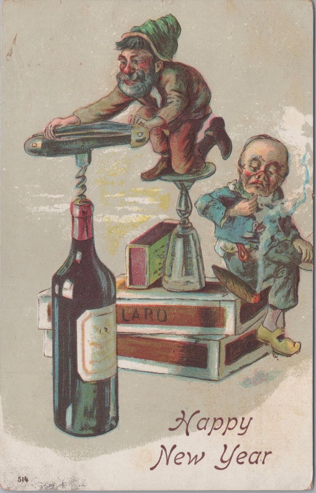 Happy New Year Gnomes Wine Pocket Knife Corkscrew Cigar Mummers 1907 Postcard
