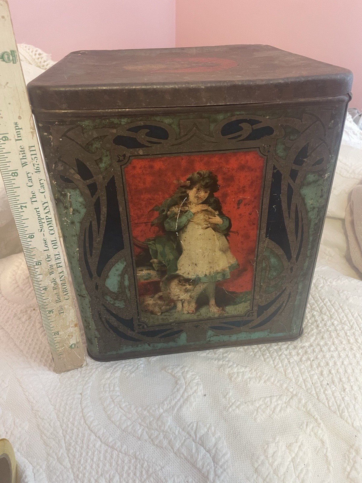 Mazawattee British Tea Tin Antique victorian advertising girl with animals Mazawattee British Tea Tin Antique victorian advertising girl with animals