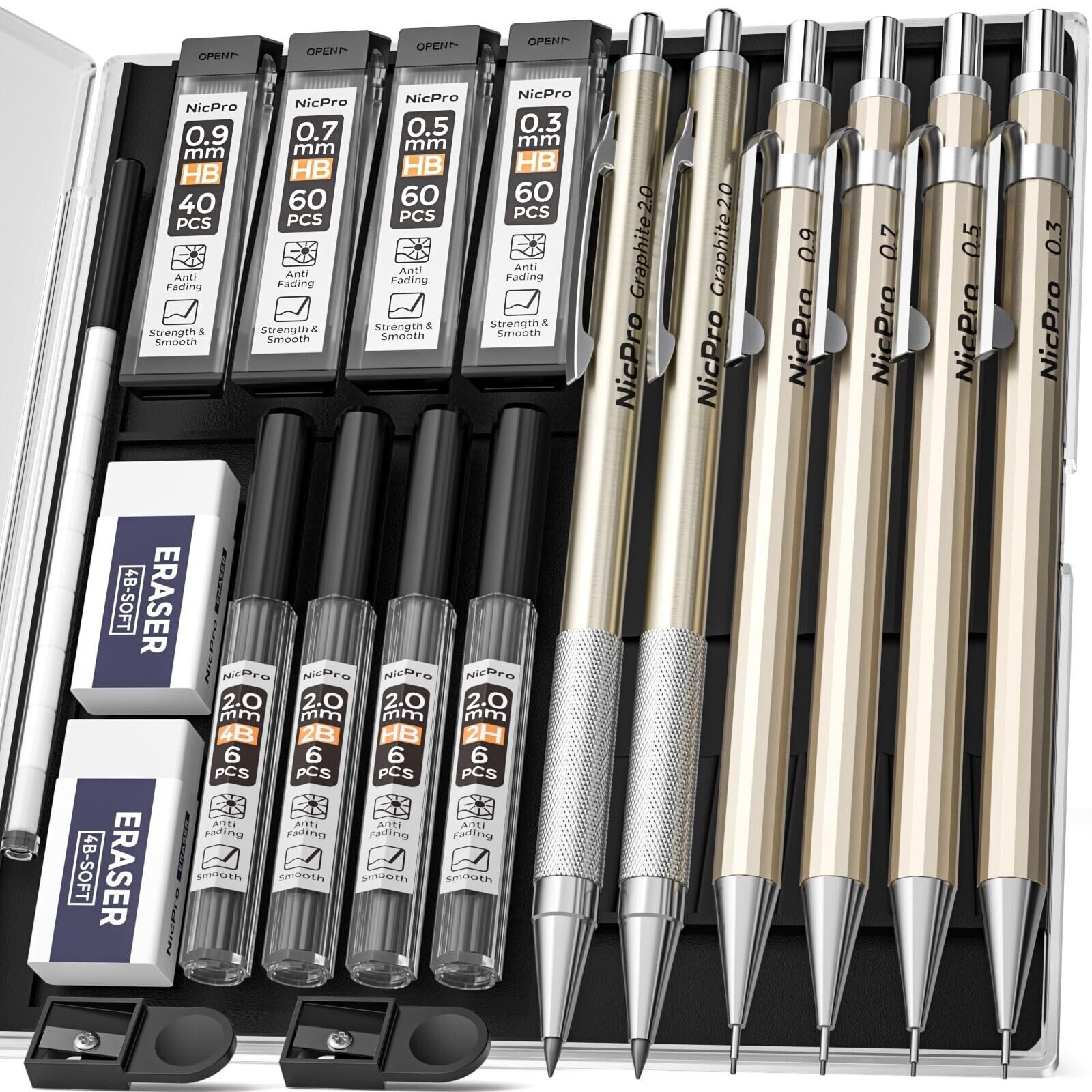 Nicpro 6 PCS Metal Mechanical Pencil Set in Case, Artist Pencils-  