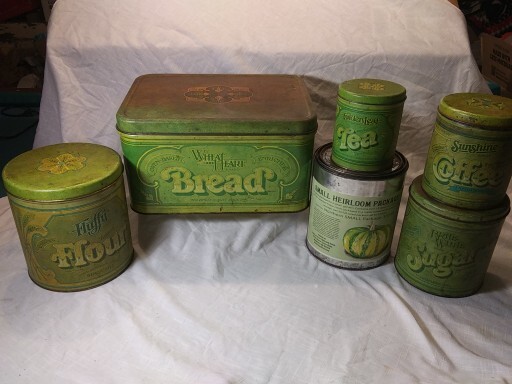 Vintage Ballonoff Tin Bread, Cake, Flour, Tea, Sugar, Coffee Set of 6 Canisters Vintage Ballonoff Tin Bread, Cake, Flour, Tea, Sugar, Coffee Set of 6 Canisters