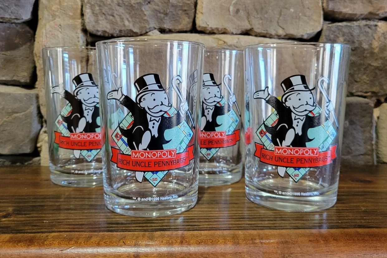 Set of 4 Vintage 1996 - 1997 McDonald’s Monopoly Rich Uncle Pennybags Glasses Set of 4 Vintage 1996 - 1997 McDonald’s Monopoly Rich Uncle Pennybags Glasses