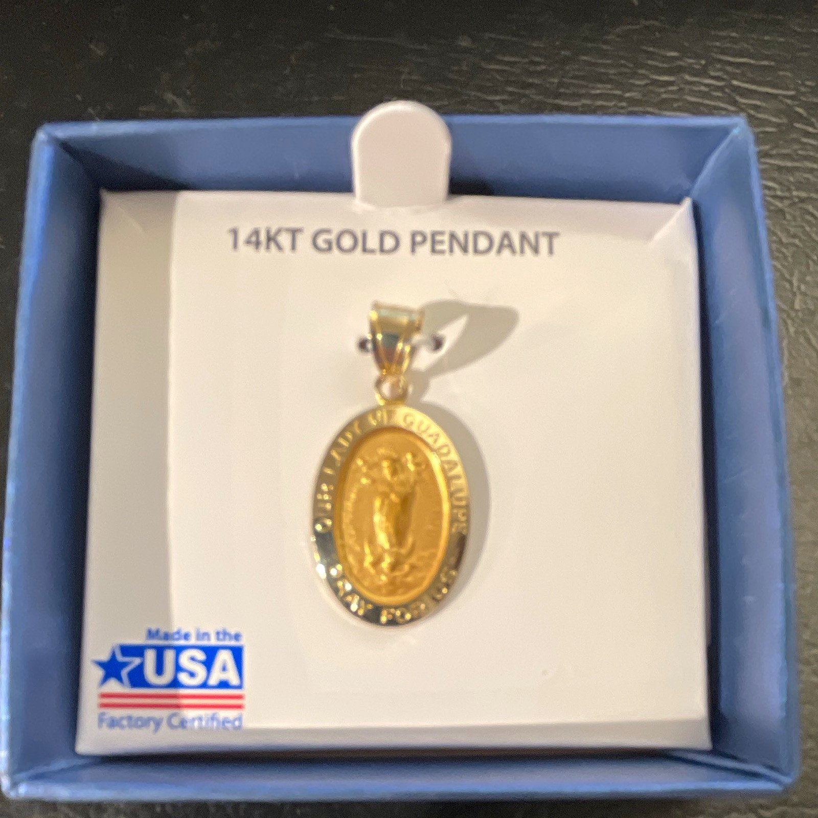 14KT Gold Our Lady of Guadalupe Religious Medal Pendant in Box Made in USA
