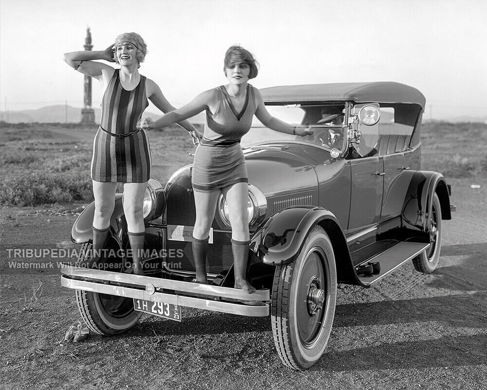 Vintage 1923 Flappers Photo Girls on Peerless Touring Automobile Swimsuits Car