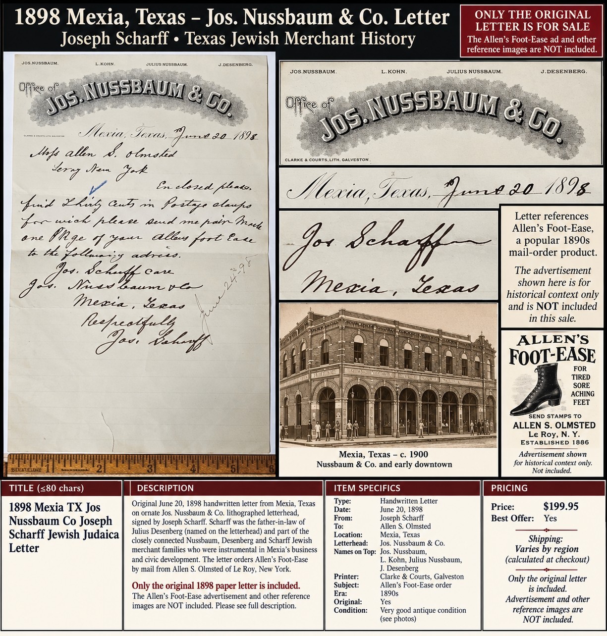 1898 Mexia TX Jos Nussbaum Co Joseph Scharff Jewish Judaica Letter 1898 Mexia TX Jos Nussbaum Co Joseph Scharff Jewish Judaica Letter