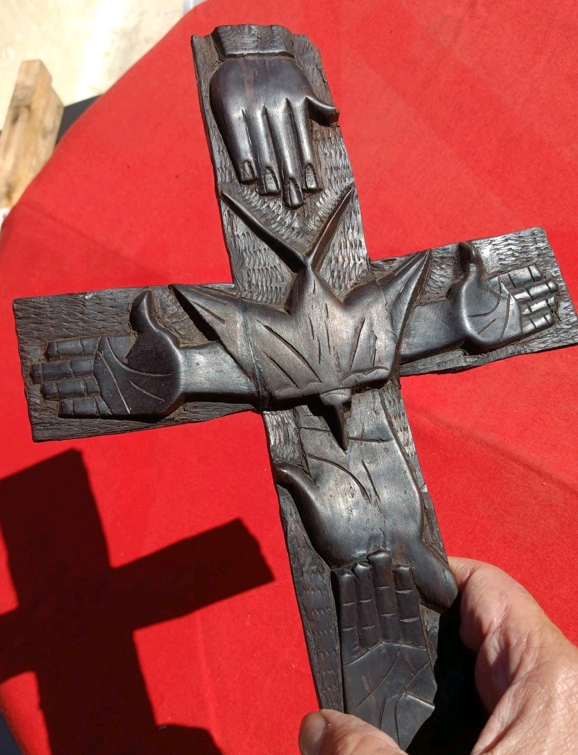 OOAK hand carved 17" x 8 1/2" Ebony wood Holy Spirit crucifix. OOAK hand carved 17" x 8 1/2" Ebony wood Holy Spirit crucifix.