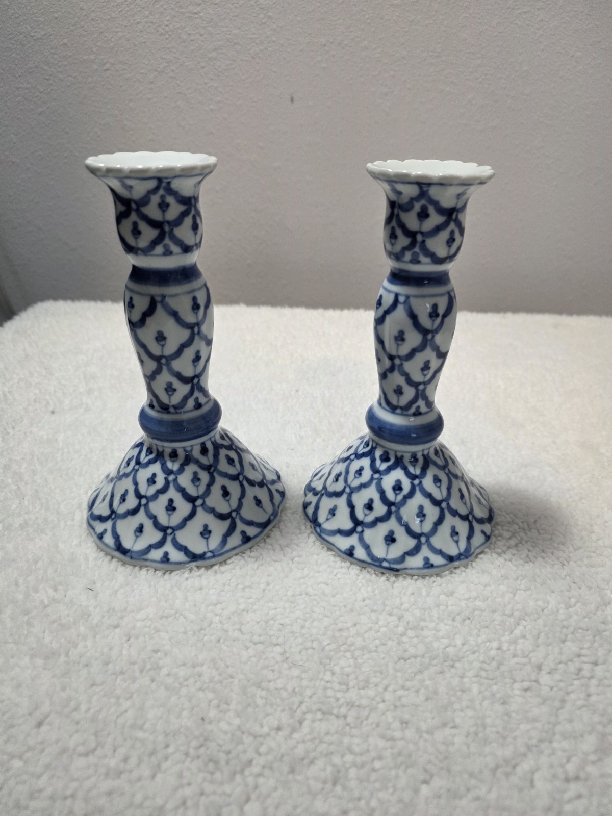 Vintage Andrea by Sadek Set of 2 Thai Blue and White Ceramic Candle Sticks 7" Vintage Andrea by Sadek Set of 2 Thai Blue and White Ceramic Candle Sticks 7"