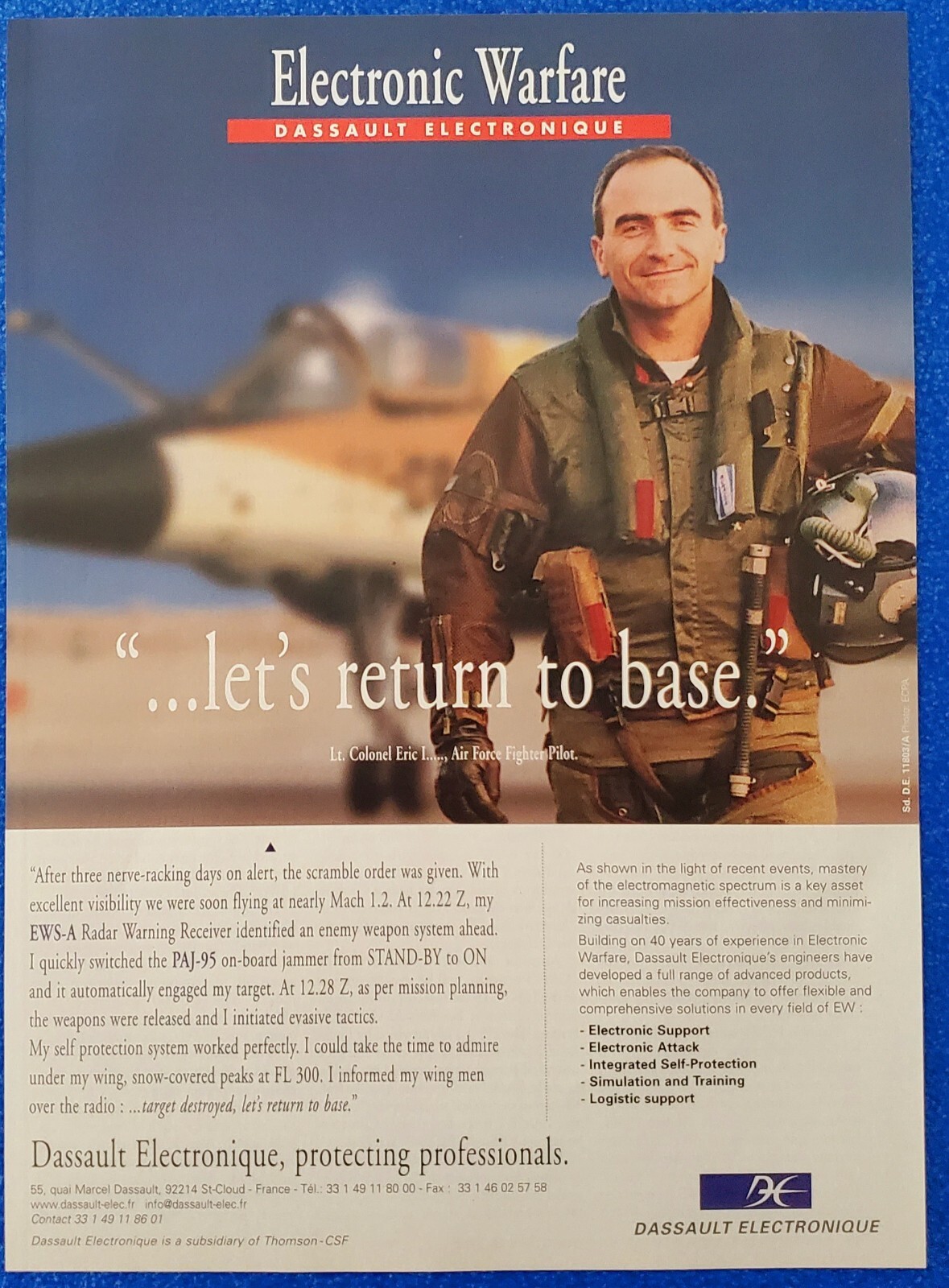 1998 DASSAULT ELECTRONIQUE AVIATION DEFENSIVE / OFFENSIVE SYSTEMS COLOR PRINT AD