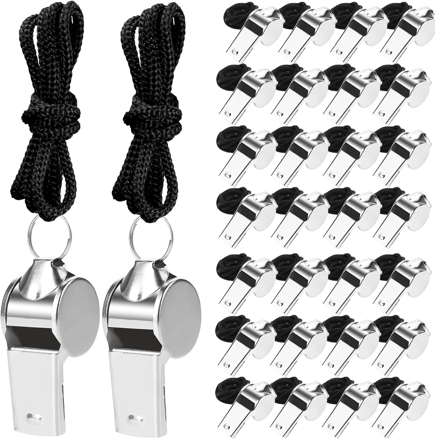 Agolctry 100 Pcs Stainless Steel Whistle with Lanyard, Sports Black Lanyard Agolctry 100 Pcs Stainless Steel Whistle with Lanyard, Sports Black Lanyard