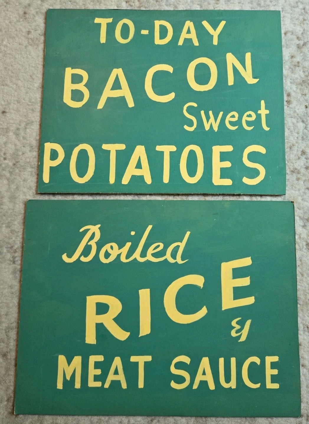 Vintage Original 1950s Cardboard Restaurant Menu Sign Rice Meat Bacon Green Old Vintage Original 1950s Cardboard Restaurant Menu Sign Rice Meat Bacon Green Old