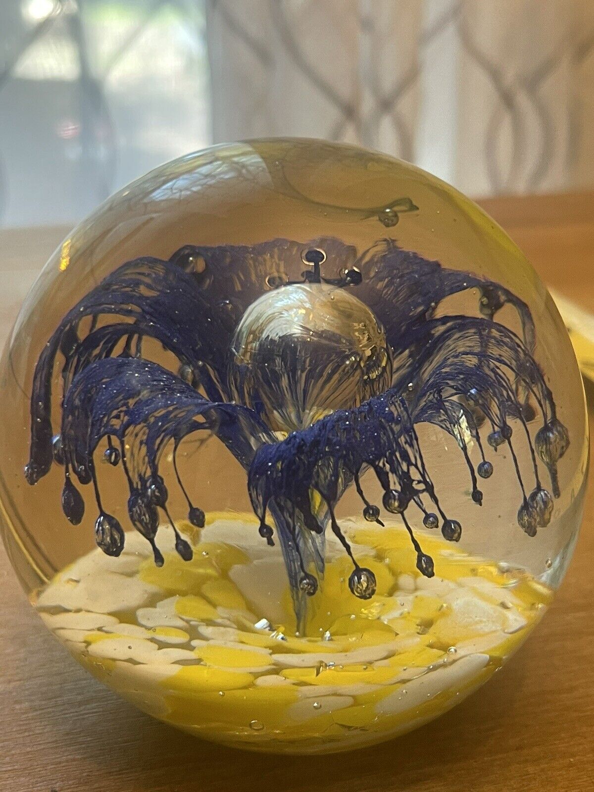 Vintage Glass Art  Paperweight  Controlled Bubble Flower Yellow Blue Gold