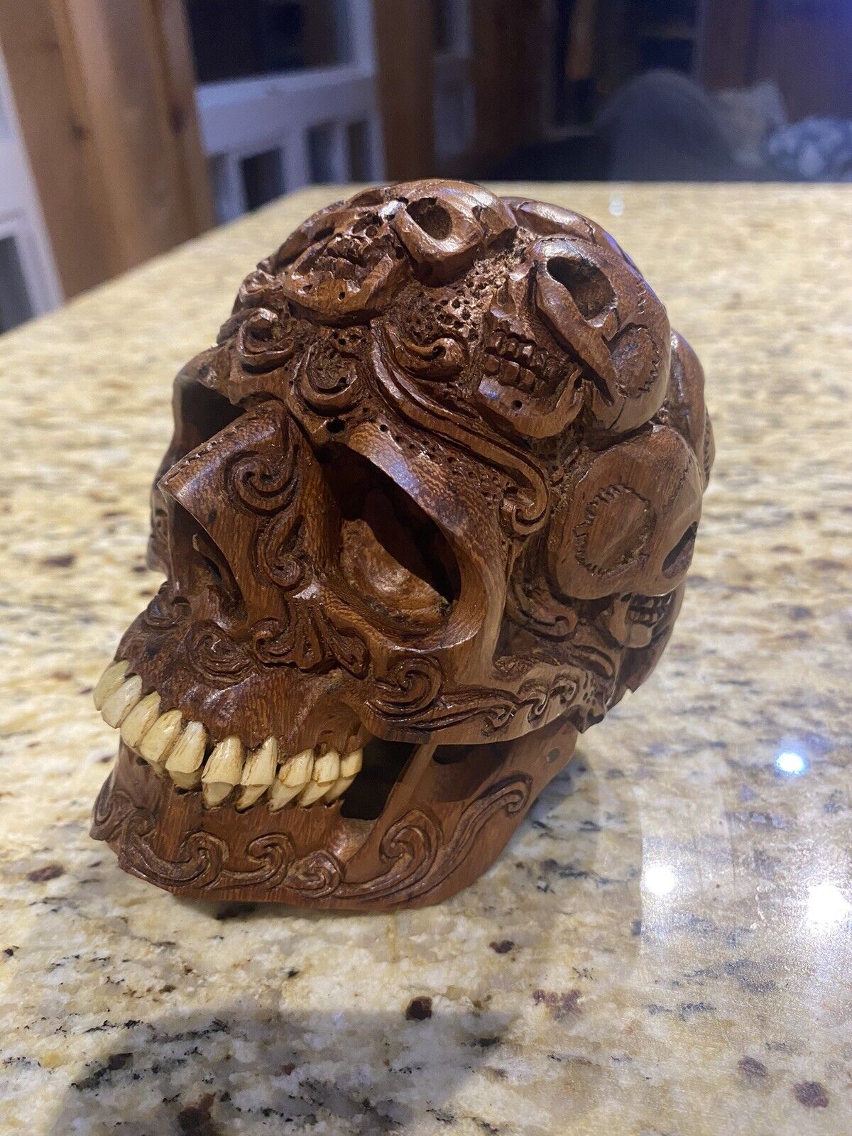 hand carved wooden skull With Skulls On It 5inc