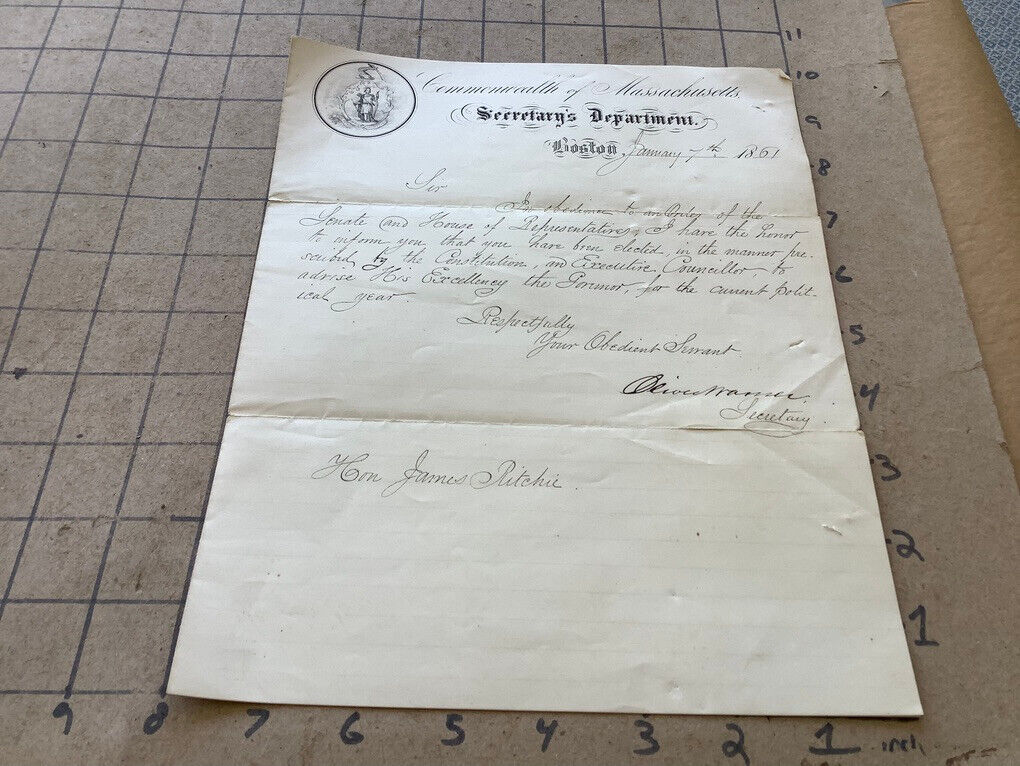1861 letter HON JAMES RITCHIE from SECRETARY OF DEPT MASSACHUSETTS for Council