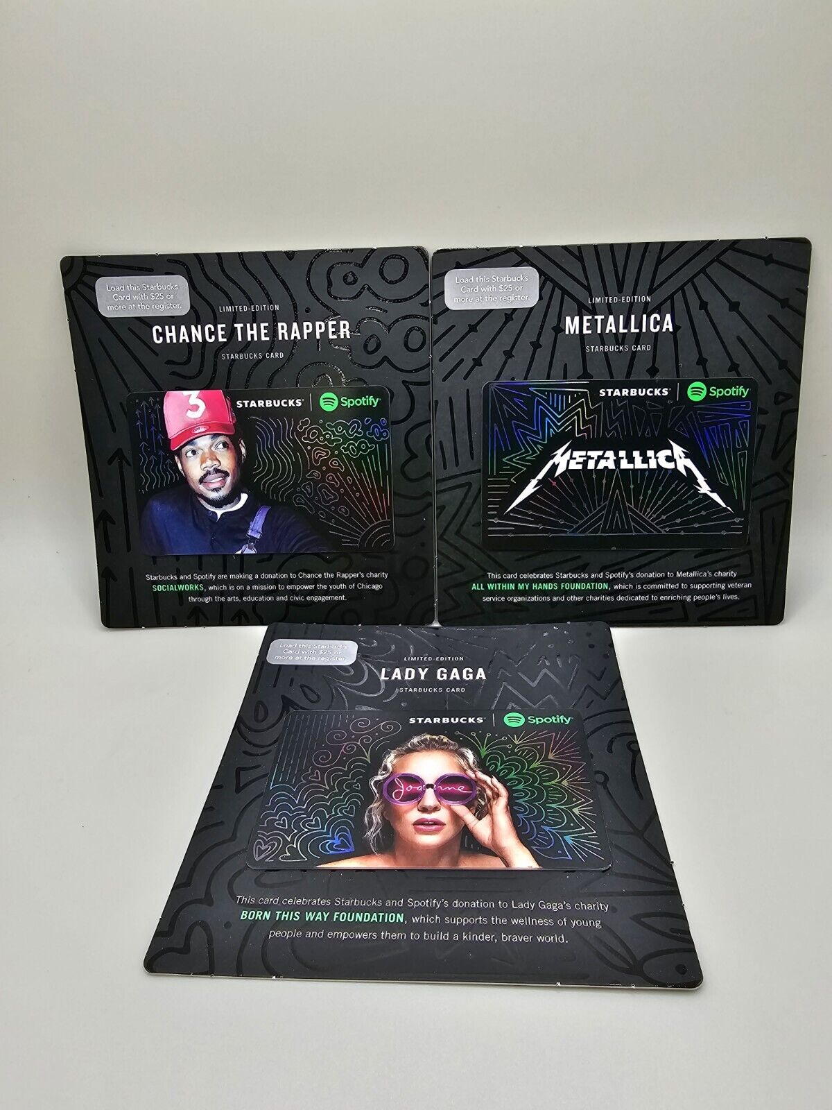 STARBUCKS SPOTIFY CARD LOT OF 3 METALLICA LADY GAGA CHANCE THE RAPPER NO VALUE