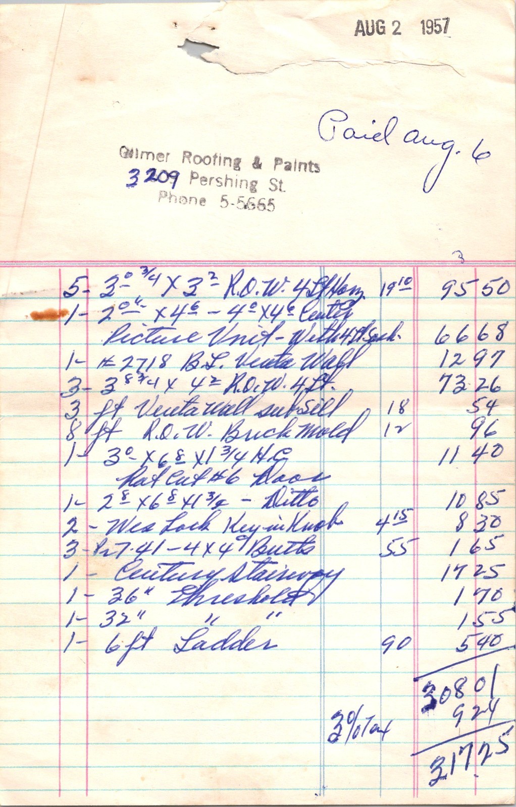 Gilmer Roofing & Paints 3209 Pershing St 1957 Antique Letterhead Billhead 5A28 Gilmer Roofing & Paints 3209 Pershing St 1957 Antique Letterhead Billhead 5A28