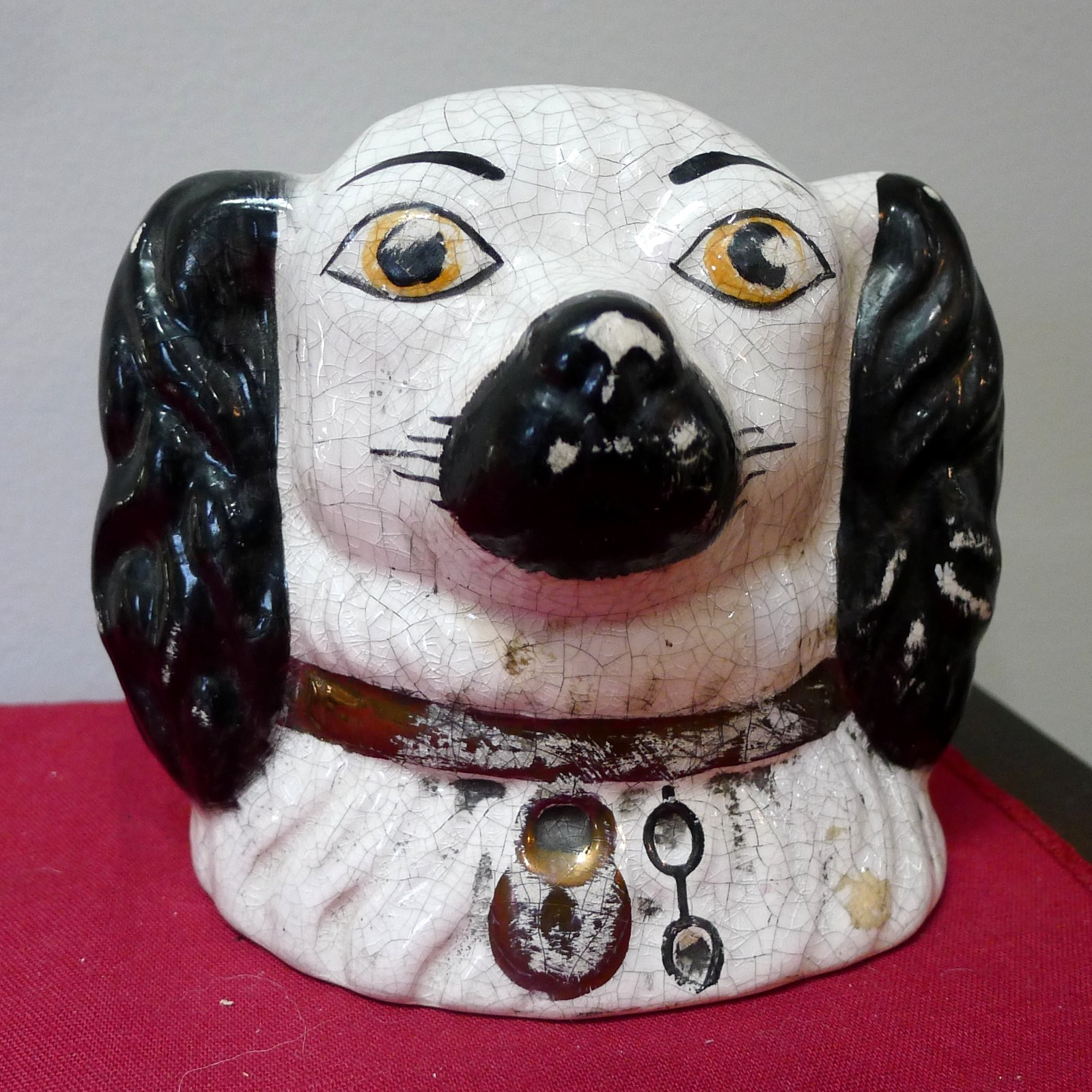 Early 19C English Staffordshire Black & White Spaniel Mantle Bank Money Box