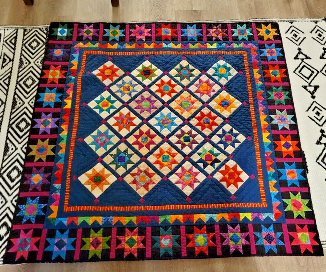 VTG Hand Made Quilt Quilted Top LAP Patchwork Stars Bright Colors Appx 47x47