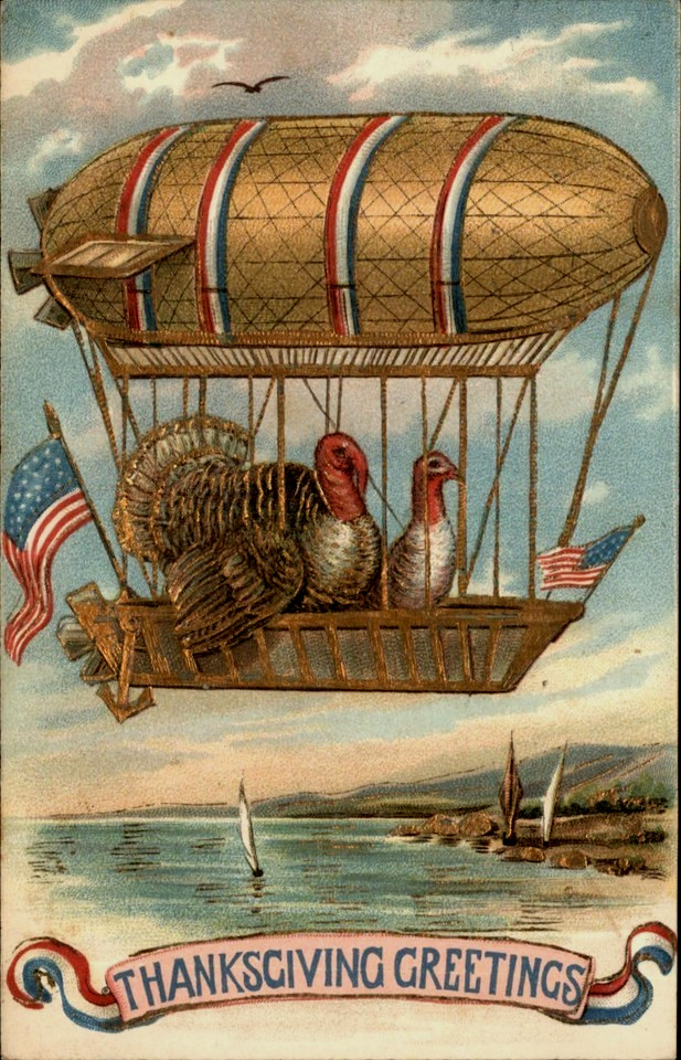 Turkeys in Airship~Balloon~Antique~ Thanksgiving Patriotic Fantasy Postcard~s552 Turkeys in Airship~Balloon~Antique~ Thanksgiving Patriotic Fantasy Postcard~s552