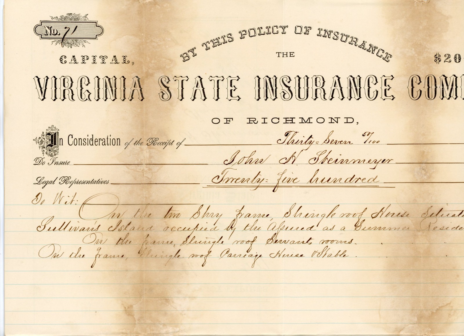 1876 Virginia State Insurance Policy Richmond SC Sullivan's Island Summer Home