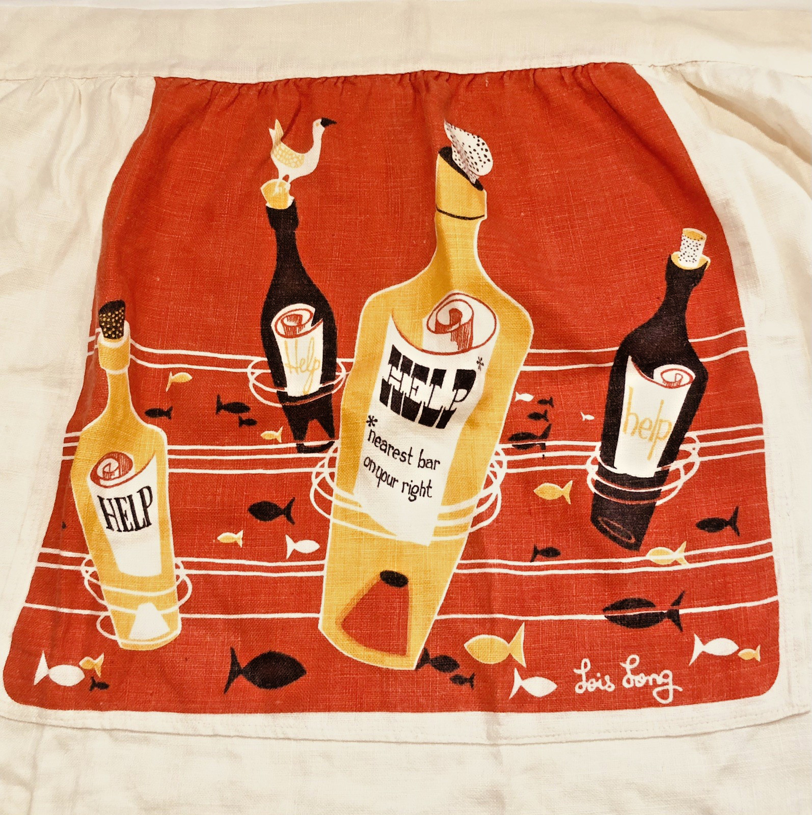 Vtg LOIS LONG Apron Help Message in Bottle MCM Kitsch Linen "Nearest Bar" Vtg LOIS LONG Apron Help Message in Bottle MCM Kitsch Linen "Nearest Bar"