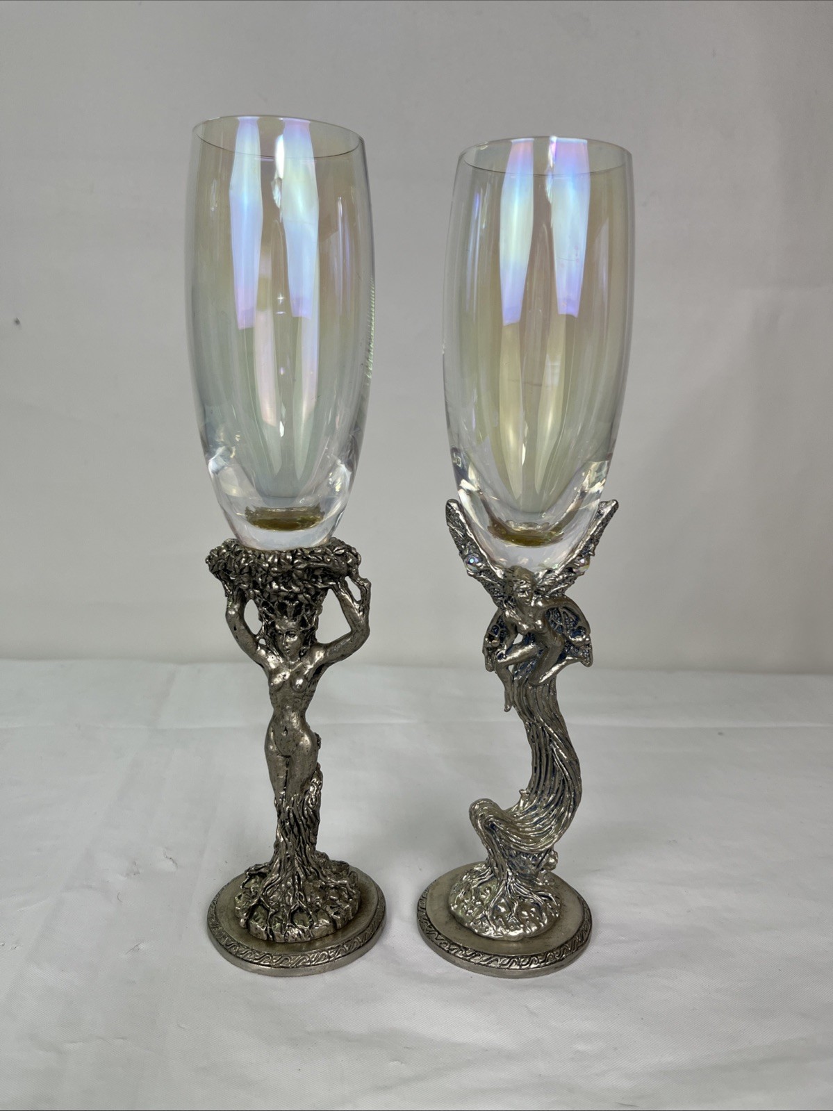 Vintage Fellowship Foundry Pewter Champagne Flutes Pair 1996 Fairy Nymph Glasses Vintage Fellowship Foundry Pewter Champagne Flutes Pair 1996 Fairy Nymph Glasses