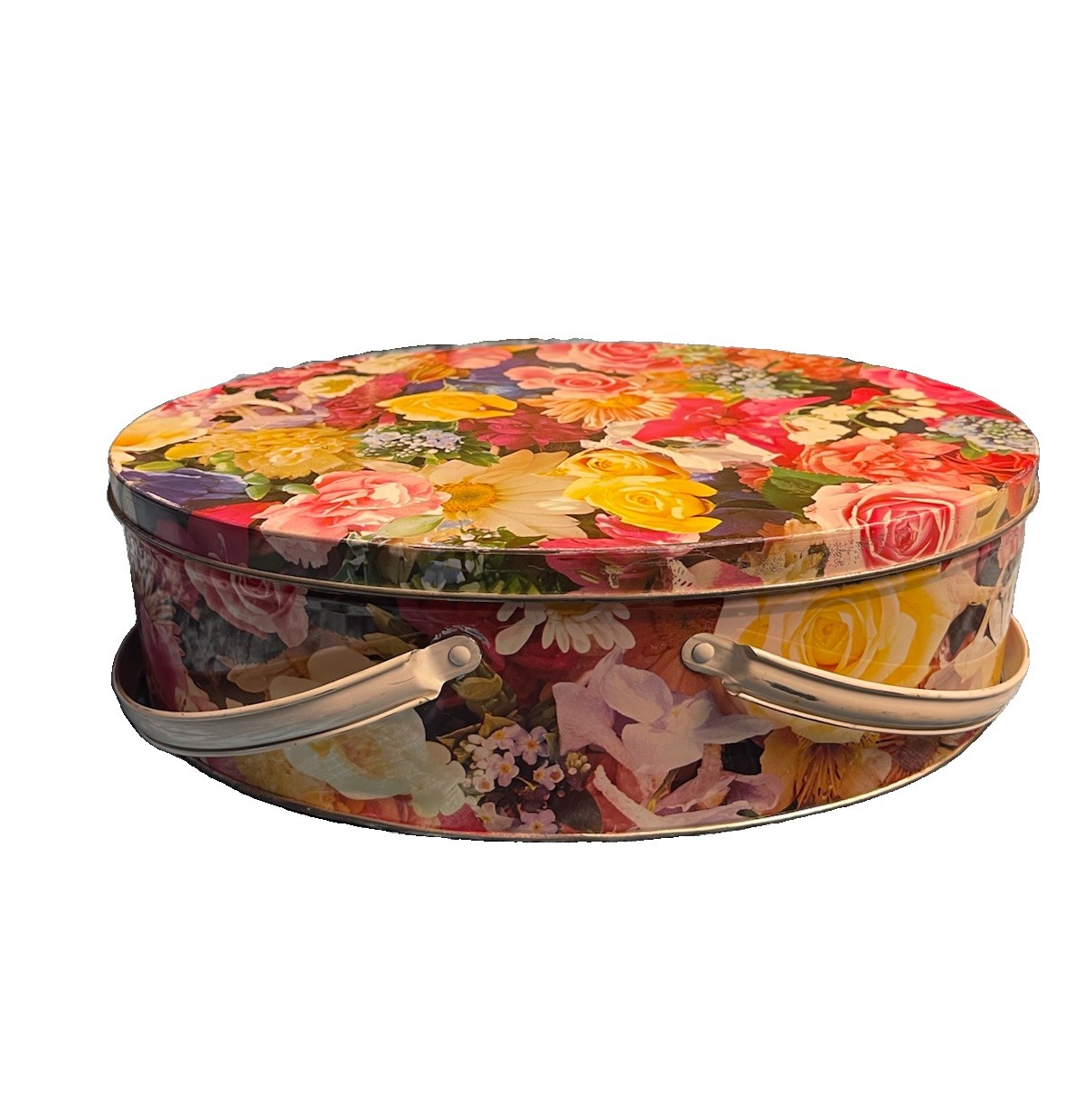 VTG Oval Tin Rare 2-HANDLED BASKET SEWING BOX Colorful Floral Pattern VTG Oval Tin Rare 2-HANDLED BASKET SEWING BOX Colorful Floral Pattern